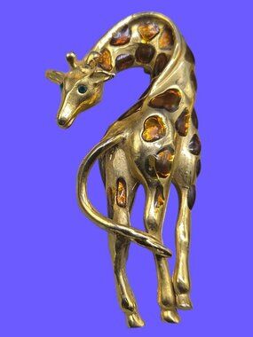 Vintage 1980s Gold Tone Giraffe Brooch Amber Glass Jelly Belly Pin Green Eyes FO